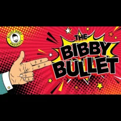 Elliot Bibby demonstrating the Bibby Bullet card trick, showing a playing card with a visible burnt bullet hole, available as an instant download tutorial.