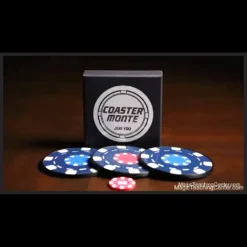 Jeki Yoo demonstrating the Coaster Monte magic trick, showcasing three custom poker chip styled coasters on a surface.