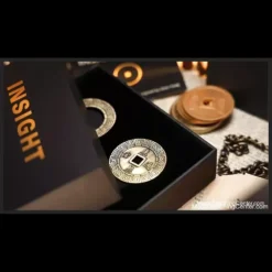 Chen Yang & TCC Magic Insight book test kit featuring an antique bronze Chinese coin resting on an open book, symbolizing mentalism and the instant download course.