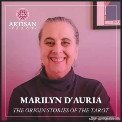 Marilyn D'Auria's 'The Origin Stories of the Tarot' digital guide cover, depicting historical Tarot cards and mystical symbols, for instant download.