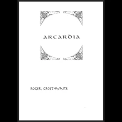 Arcardia by Roger Crosthwaite digital ebook cover, showcasing a minimalist design with typography, a black and white image of playing cards, and text indicating advanced card magic instruction available as an instant PDF download.