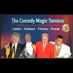 Promotional image for The Comedy Magic Masterclass Seminar featuring expert magicians Michael Finney, Jeff Hobson, Paul Kozak, and Nick Lewin, available as an instant digital download.