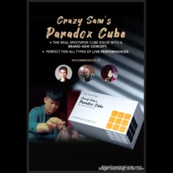 Close-up image of the Paradox Cube by Crazy Sam and Henry Harrius, featuring a specially gimmicked Rubik's-style cube magically solved in a magician's hand, against a dark, mystical background.