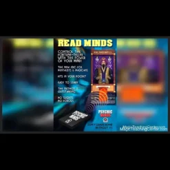 Ira Wendorf Psychic Minds magic trick set featuring 7 unique symbolic plastic cards, a plastic business card, and a smartphone displaying the animated Virtual Fortune Teller machine interface.