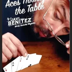 Javi Benitez demonstrating the Aces Through the Table card trick, showing four playing card aces appearing to penetrate a solid table surface during a magic tutorial.