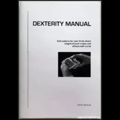 Ebook cover for Justin Higham's Dexterity Manual, featuring stylized typography and a subtle card magic theme, indicating a guide to advanced card manipulation skills. Available as an instant download.