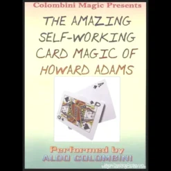 Aldo Colombini presenting 'The Amazing Self-Working Card Magic of Howard Adams Vol 1' instant digital video download. The image shows a close-up of a hand holding playing cards, symbolizing easy card tricks without sleight-of-hand.