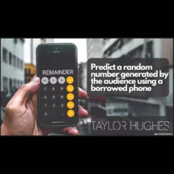 Taylor Hughes performing the 'Remainder' magic trick, demonstrating a smartphone-based number prediction to an engaged audience.