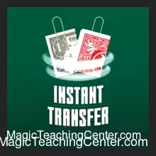 Will Tyrrell's Instant Transfer magic trick video demonstrating a signed playing card and a dollar bill visually transposing in a spectator's hand.