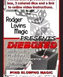 Promotional image for Rodger Lovins DIEBOXED instant download magic video, featuring a stylized dice box and dice, emphasizing mentalism and prediction effects.