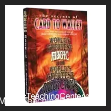 Still image from the 'World's Greatest Magic - Card to Wallet' video tutorial, showing a magician's hand retrieving a playing card from a leather wallet, representing the classic card magic trick.