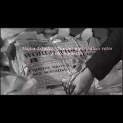 Magia Estudio digital video course cover featuring abstract torn paper and newspaper fragments symbolizing torn and restored magic illusions.