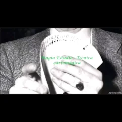 Magia Estudio advanced card magic techniques video tutorial, featuring a hand manipulating playing cards, representing digital download for expert cardistry and sleight of hand.