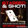 Bill Abbott demonstrating the Stabbed & Shot 2 magic trick, featuring a signed card impaled by a knife and a surprise shot glass production from a paper bag. Instant download video tutorial.
