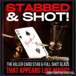 Bill Abbott demonstrating the Stabbed & Shot 2 magic trick, featuring a signed card impaled by a knife and a surprise shot glass production from a paper bag. Instant download video tutorial.