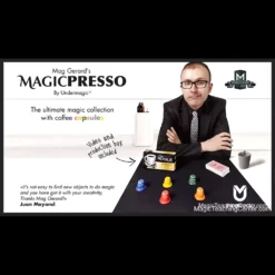 Mag Gerard demonstrating a coffee capsule magic trick with the MAGICPRESSO gimmick, featuring a coffee box and colorful capsules. Instant download by Undermagic.