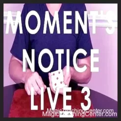 Cover art for Moment's Notice Live 3 by Cameron Francis, featuring a magician holding playing cards, symbolizing impromptu card magic tricks available as an instant video download.