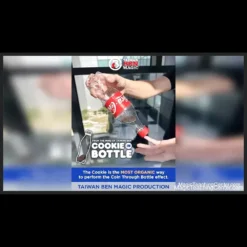 Taiwan Ben performing the 'Cookie in Bottle' magic trick, showing an Oreo cookie visibly inside a sealed glass bottle after magically penetrating it.