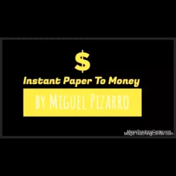 Close-up image of a magician's hands mid-transformation, showing a plain piece of paper turning into a crisp dollar bill, illustrating Miguel Pizarro's Instant Paper to Money magic trick.