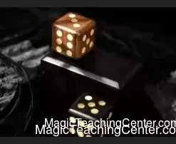 TCC & Classicho Hearken Dice mentalism set, showcasing two premium ebony wood dice with yellow boxwood inlays inside a luxurious Cambodian Rosewood and Black Ebony finished box.