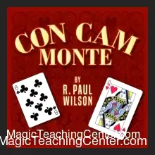 R. Paul Wilson demonstrating the Con Cam Monte card trick with a Queen and Eights on a table, from the instant download magic video tutorial.