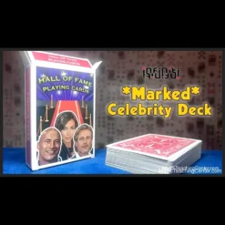 iNFiNiTi Celebrity Marked Deck fanned out, showcasing both the marked card backs and celebrity faces on the playing cards, illustrating its dual reveal magic functionality.