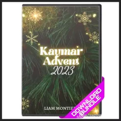 Cover of Liam Montier's Magic Advent Calendar 2023 Ebook, featuring festive magic-themed imagery and highlighting 24 exclusive card and mentalism tricks.