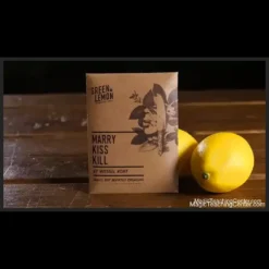 Close-up of Marry Kiss Kill magic trick cards by Wessel Kort and Green Lemon, showing a series of face cards and the reveal of a predicted 'Kiss' or 'Kill' choice with two cards displaying a couple in wedding attire.