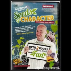 Tim Hannig performing his 'Seeds of Character' educational magic show, featuring the puppet Oscar T. Possum, for an engaged young audience, demonstrating a magical illusion with colorful props.