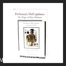 Digital product cover for 'DeSouza's Deceptions' by Marc DeSouza, featuring a close-up image of hands expertly manipulating playing cards for a magic trick, symbolizing the advanced magic techniques taught in the PDF ebook and video course.