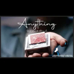 A magician's hand performing the 'ANYTHING' magic trick, showing the visual transformation of a small object like a playing card or coin, demonstrating instant reality manipulation.