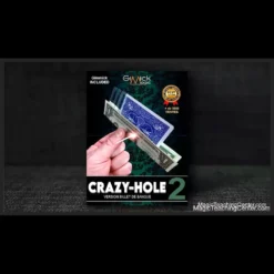 Mickael Chatelain's CRAZY HOLE 2.0 magic trick demonstrating a blue card with a hole, a toothpick, and a folded banknote, illustrating the illusion of a shifting hole.