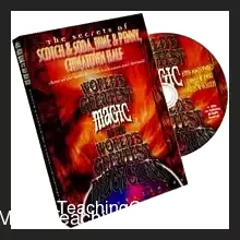 Close-up view of hands performing intricate coin magic with various gimmicked coins, including a Scotch and Soda set, Dime and Penny, and Chinatown Half, against a dark, mysterious background.