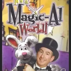 Book cover for 'It's A Magic-Al World' by Al Garber, featuring a young boy transforming into a magical figure surrounded by sparkling lights and magic shop elements.