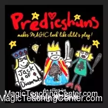 Image depicting Roddy McGhie's Predicshuns magic trick, where a magician reveals a child's hand-drawn playing card prediction perfectly matching a freely chosen card from a deck, showcasing the unique setup.