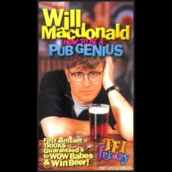 Ebook cover for 'How To Be A Pub Genius: Fifty Brilliant Tricks' by Will Macdonald, depicting a hand performing a magic trick with a beer pint and other pub-related items, showcasing the art of bar magic.