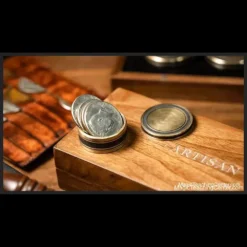 M Box Luxury Set by Artisan Coin & Jimmy Fan, featuring the premium H62 brass coin box, lid, and solid walnut wood storage and display box, surrounded by coins.