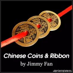 Image depicting three authentic Chinese coins mysteriously linked to or penetrating a red ribbon, demonstrating Jimmy Fan's "Chinese Coins and Ribbon" magic trick.