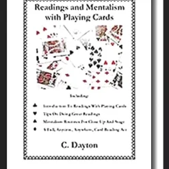 Ebook cover for C. Dayton's 'Readings and Mentalism with Playing Cards', featuring a stylized deck of cards and mystical elements, for aspiring magicians and mentalists.