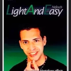 Cover art for Nefesch and Titanas' 'Light & Easy' mentalism manuscript, featuring imagery related to the CAN effect (a person standing on a soda can without crushing it) and the INSTANT NEWS effect (a newspaper with a word highlighted), signifying advanced mind magic and hypnotic illusions.
