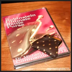 Michael Rubinstein's Ultimate Rattle Purse, a genuine black leather magic prop with a metal clasp, designed for coin vanishes, productions, and utility tricks. The image highlights the purse's craftsmanship and compact size.