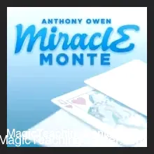 Promotional image for Miracle Monte by Anthony Owen, featuring a hand displaying three playing cards during the setup of the advanced three-card transposition magic trick.