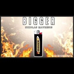 A visual representation of Nikolas Mavresis' 'Bigger' magic trick, showing a standard BIC lighter transforming into a visibly larger lighter with an expanded 'BIGGER' logo.