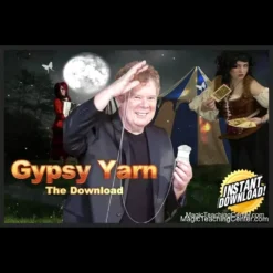 Nick Lewin demonstrating the Ultimate Gypsy Yarn magic trick with a visible thread illusion, surrounded by the kit components: instructional DVD, custom gimmicks, thread, tools, and music CD.