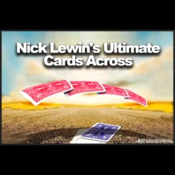 Magician Nick Lewin presenting the Ultimate Cards Across magic trick, showcasing red playing cards appearing in a blue card packet, suitable for stage and cabaret performances.