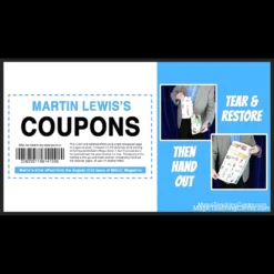 Ebook cover for Martin Lewis's 'Coupons' magic trick, visually depicting a torn newspaper or magazine page being magically restored to its original state.