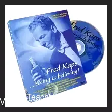 Fred Kaps 'Seeing is Believing' DVD cover featuring a vintage photograph of the legendary 3-time world champion magician Fred Kaps performing a card trick, exuding classic magic allure.