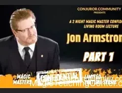 Jon Armstrong performing a close-up magic trick with playing cards and a rubber band, demonstrating techniques taught in Magic Masters Confidential Part 1 video.