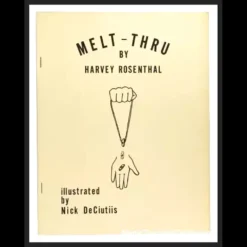 Close-up image of a coin with a hole visibly penetrating through a shoelace, demonstrating the Melt-Thru magic routine by Harvey Rosenthal.