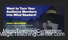 Cris Johnson performing the 'Serendipity' mentalism routine on stage, revealing two matching drawings on easels from audience volunteers, demonstrating a powerful mind-reading effect without props.
